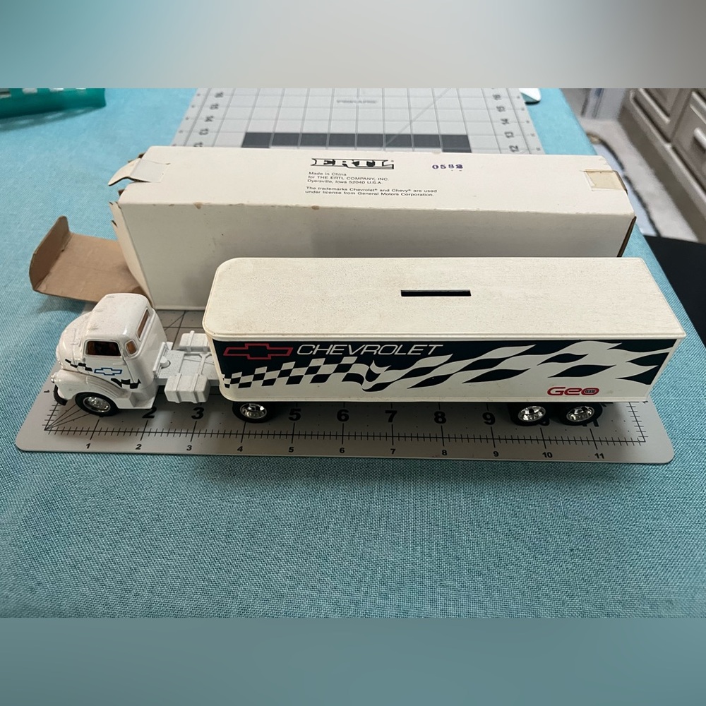 Chevrolet White and Black Toy Truck with Trailer